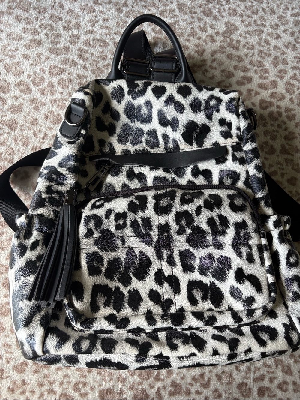 Black & White Leopard Print Leather Backpack